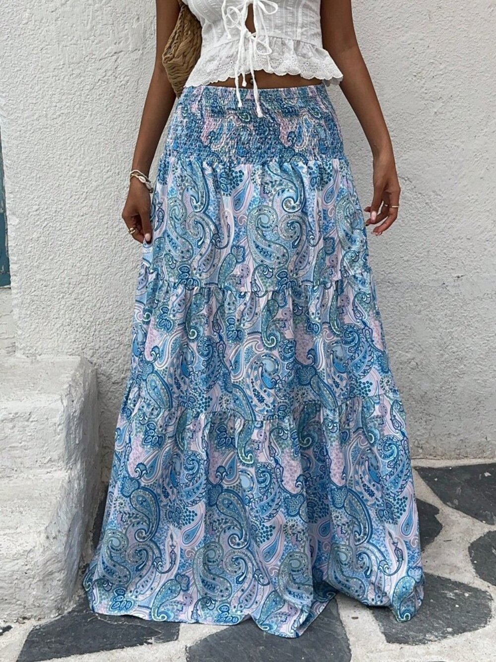 Blue Boho Women's Bohemian Floral Print Skirt